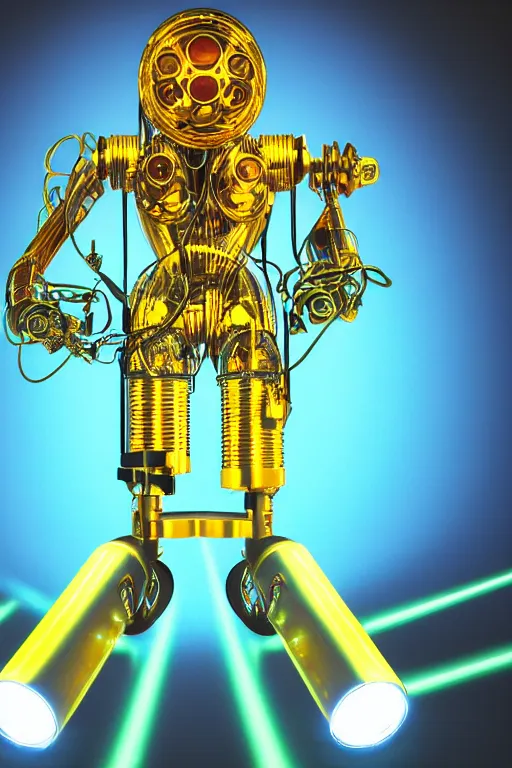 Image similar to portrait photo of a giant huge golden and blue metal humanoid steampunk robot singer wearing headphones and gears and tubes, a big red glowing microphone on a tripod, eyes are glowing red lightbulbs, shiny crisp finish, 3 d render, 8 k, insaneley detailed, fluorescent colors, background is multicolored lasershow