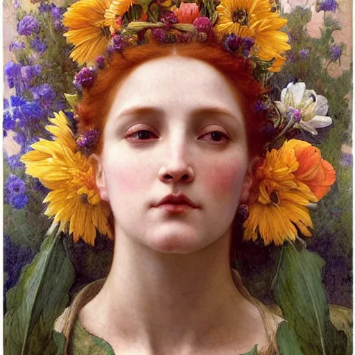 Image similar to queen of flowers, by annie swynnerton and charlie bowater and william - adolphe bouguereau, nicholas roerich and jean delville and evelyn de morgan, dramatic lighting, floral tattoos, rich colors, smooth sharp focus, extremely detailed, donato giancola, adolf wolfli