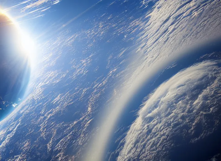 Image similar to nasa satellite still of a flat disk shaped earth with mountains peaking out of the clouds, sun behind it lens flares, 8 k