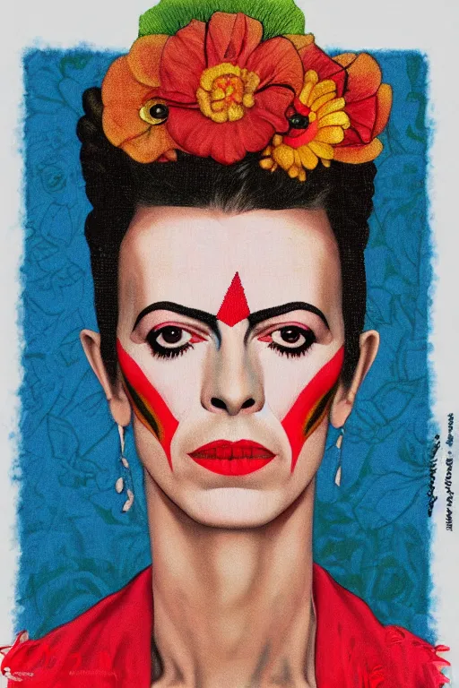 Image similar to David Bowie in Frida Kahlo style, high detail