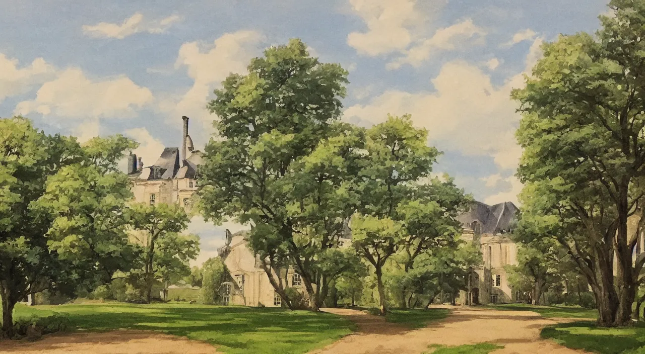 Prompt: a landscape painting of a French manor, in the style of anime