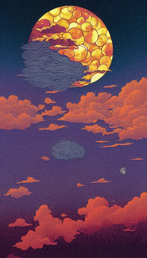 Image similar to copper harvest moon floating on cosmic cloudscape at sunset, futurism, dan mumford, victo ngai, kilian eng, da vinci, josan gonzalez