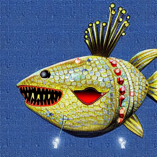 Image similar to A diamond encrusted killer anglerfish with jeweled teeth, the mouth is wide open, inside the mouth is a vegas casino, the fish is dangling a dollar sign in front of it