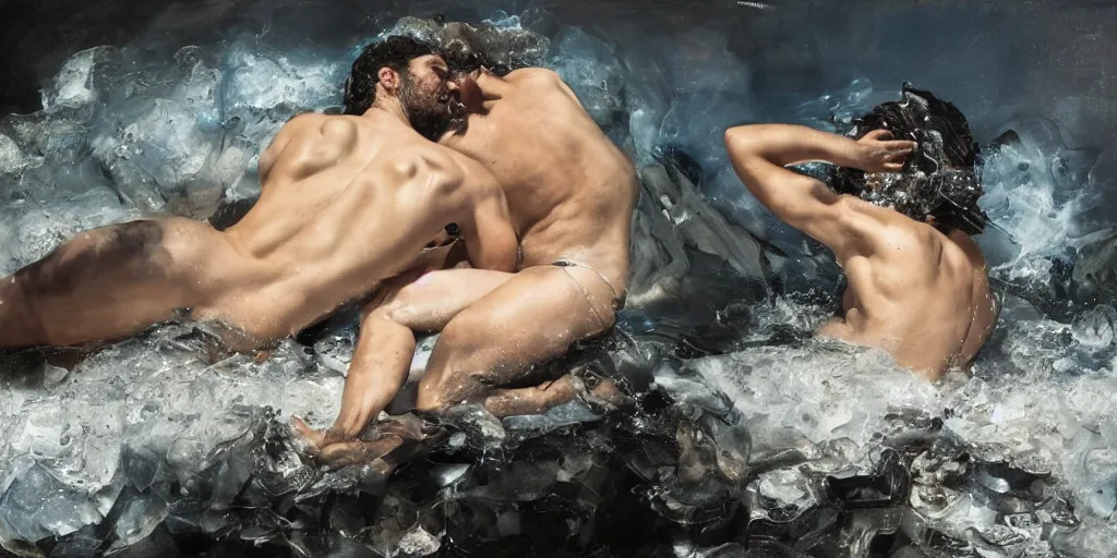Image similar to highly detailed photography of poseidon with crystals, dust particles, big rocks, sharp focus, dramatic scene, aesthetic, dynamic lighting, elegant, harmony, masterpiece, by jenny saville, by ben aronson, by james jean, by roberto ferri, by jeremy mann, by lucian freud, by kent williams, high quality
