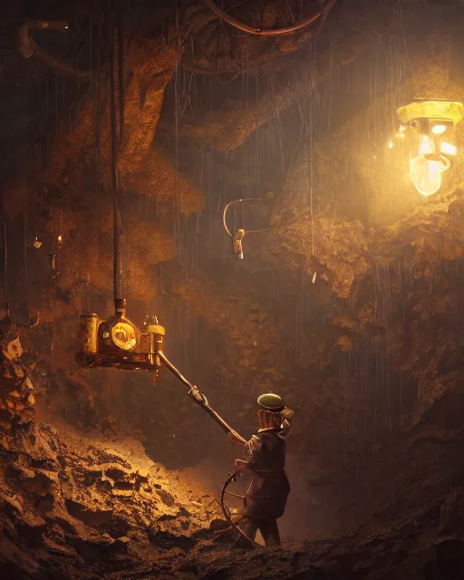 Image similar to oil painting of poor anthropomorphized steampunk mole mining gold, sharp focus, fantasy style, dark mine shaft backround, octane render, volumetric lighting, 8k high definition, by greg rutkowski, highly detailed, trending on art Station