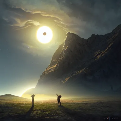 Image similar to a highly detailed matte painting of a double solar eclipse, art by artgerm and greg rutkowski and alphonse mucha, volumetric lighting, octane render, 4 k resolution, trending on artstation, masterpiece