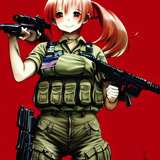 Prompt: Extremely Detailed and Full Portrait scene of Gooey Ocean scene in ink and refined grass, Red head pigtail anime woman with Military clothes. Wearing a Army vest full body smiling while holding a pistol by Akihito Yoshitomi AND Yoji Shinkawa AND Greg Rutkowski, Mark Arian artstation, pixiv