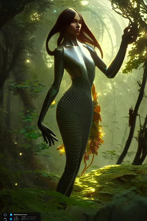 Prompt: beautiful digital painting of a stylish futuristic female forest with high detail, 8 k, stunning detail, works by artgerm, greg rutkowski and alphonse mucha, unreal engine 5, 4 k uhd