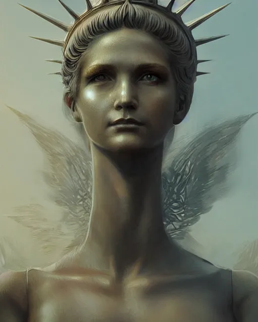 Image similar to portrait beautiful real woman as the statue of libertyhyper realistic face, beautiful eyes, fantasy art, in the style of greg rutkowski, intricate, hyper detailed, smooth