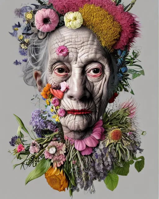 Image similar to a portrait of a surprised, fleshy old woman covered in flowers in the style of guiseppe arcimboldo and james jean, covered in wispy gray hair with a hint of neon, hd 3 d, highly detailed and intricate. centred in image.