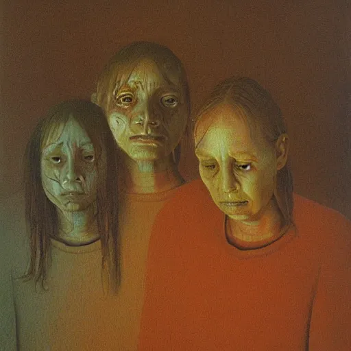 Image similar to Damaged painting of a family portrait, colour, Zdzislaw Beksinski