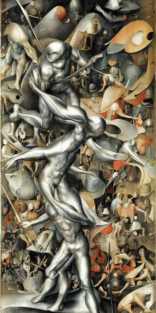 Image similar to the silver surfer by hieronymus bosch, highly detailed, realistic, abstract background, action pose