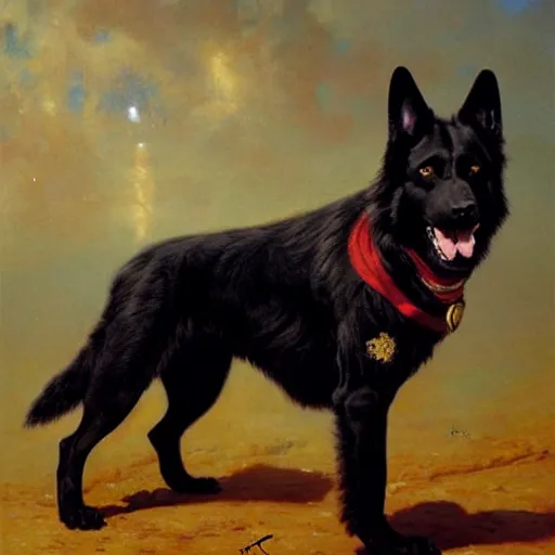 Prompt: a portrait of a black german shepard dogman canine star trek captain red shirt full body. highly detailed painting by gaston bussiere, craig mullins, j. c. leyendecker, furry