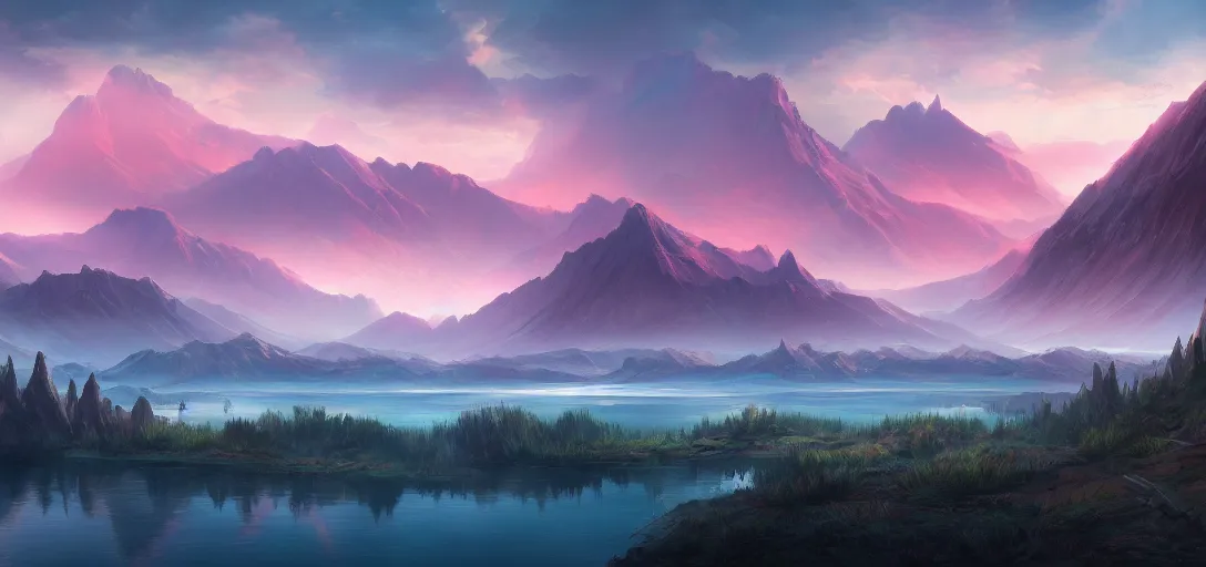 Image similar to vast beautiful landscape, color palette, wide angle, panoramic, distant mountains, lake, painting, magic the gathering, intricately detailed, award winning, artstation award, color scheme, fantasy, concept art