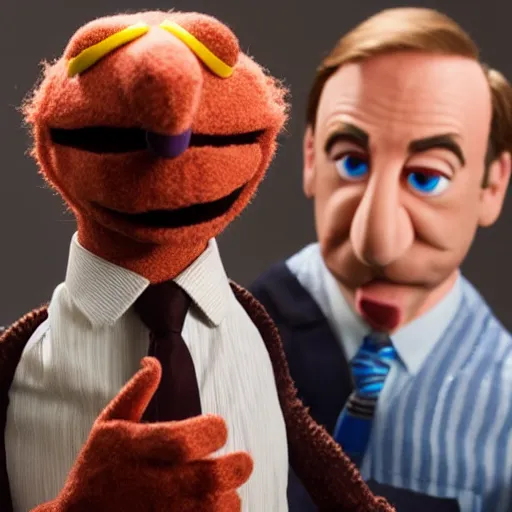 Image similar to Bob Odenkirk as Saul Goodman realistic Muppet puppet, wide lens, diorama, 4k,