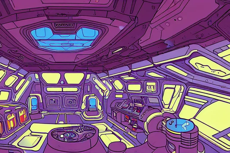 Image similar to a scifi illustration, hyper detailed spaceship interior. epic composition. flat colors, limited palette in FANTASTIC PLANET La planète sauvage animation by René Laloux