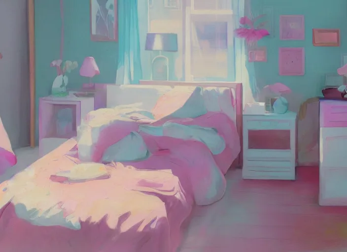 Image similar to placid pastel morning messy bedroom trending on pixiv