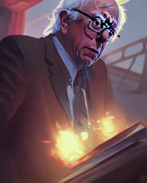 Image similar to bernie sanders as a league of legends champion, medium shot close up, details, sharp focus, illustration, by jordan grimmer and greg rutkowski, trending artstation, digital art