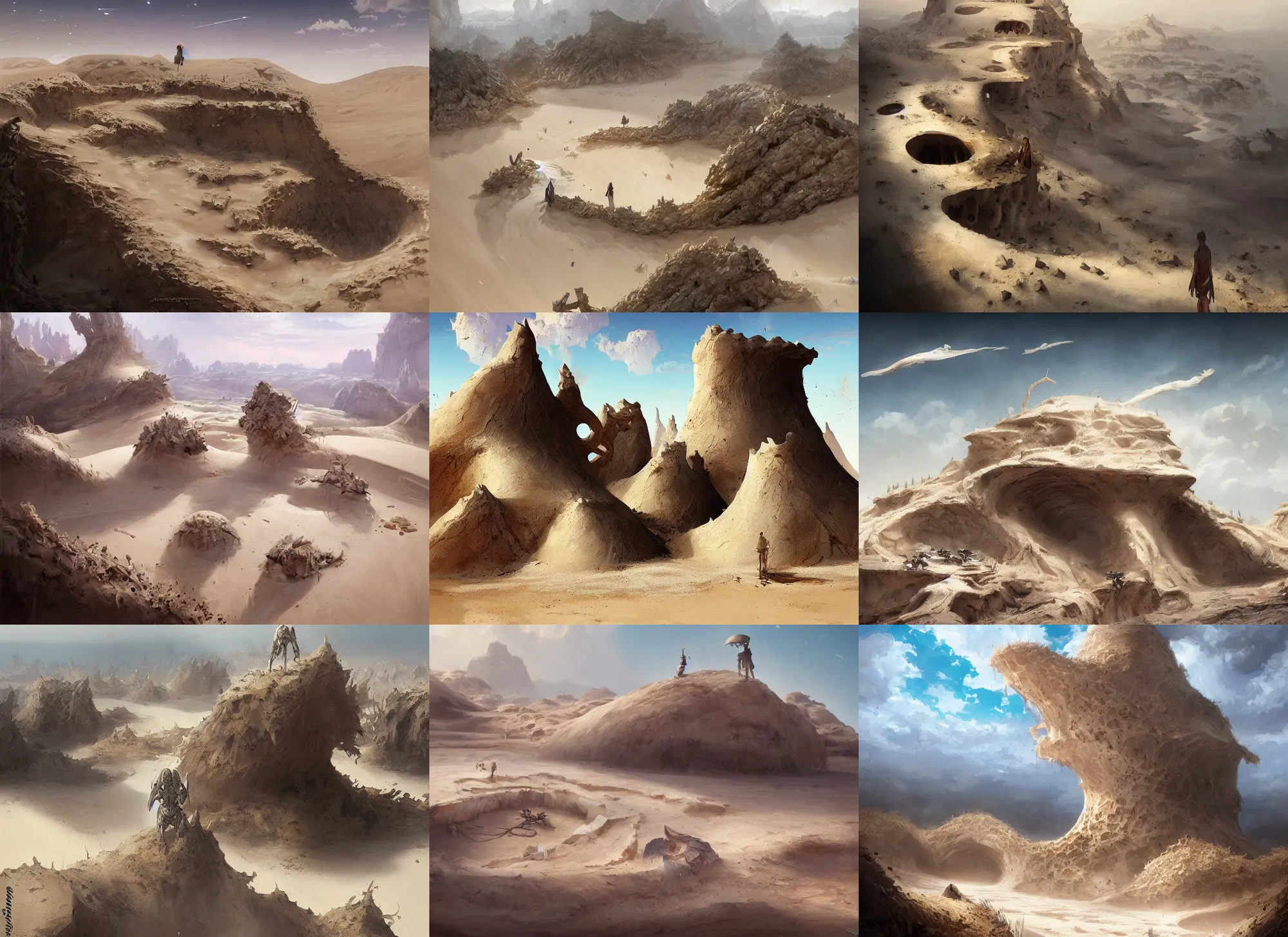 Prompt: Bone desert. White sand dunes. Human and animal bones, sinkholes, anime, a fantasy digital painting by Greg Rutkowski and James Gurney, trending on Artstation, highly detailed