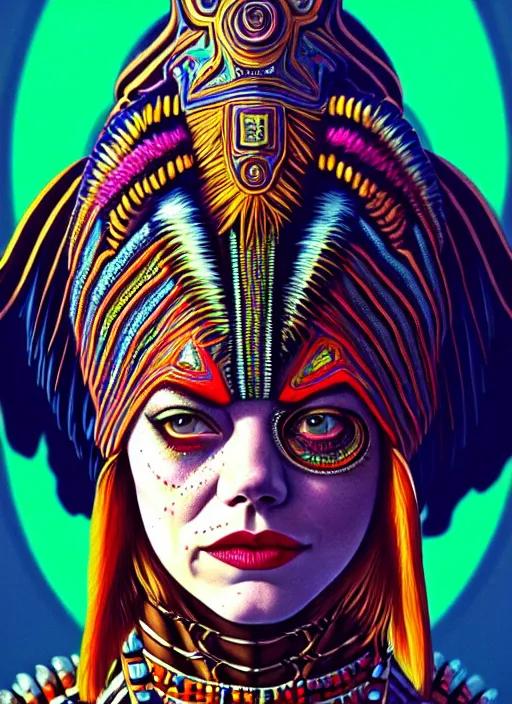 Image similar to portrait of emma stone, hyper detailed ultra sharp aztec shaman warrior. trending on artstation, warpaint aesthetic, bloodwave, colorful, psychedelic, ornate, intricate, digital painting, concept art, smooth, sharp focus, illustration, art by artgerm and greg rutkowski and h. r. giger, 8 k