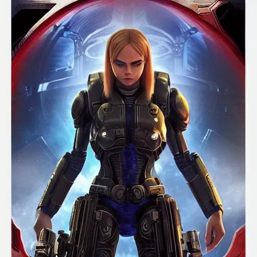 Image similar to Symmetric movie poster of Cara delevingne as Samus Aran , Gears of War cover art, ultra wide lens shot,cinematic lighting, beautiful,art by Artgerm and Greg Rutkowski and Alphonse Mucha