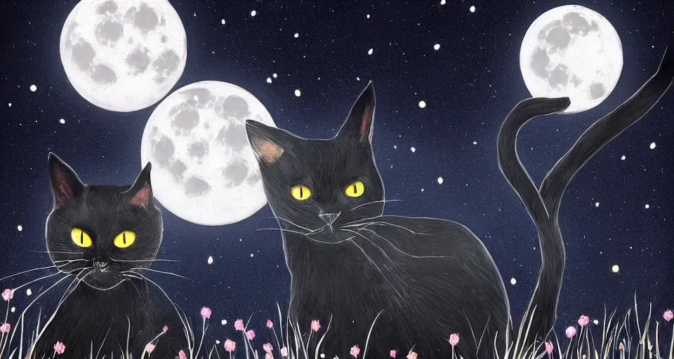 Prompt: black cat with glowing eyes looking up at the moon in a very dark open field at midnight with fireflies in the air and lots of stars in the sky, digital painting, highly detailed, magical, beautiful