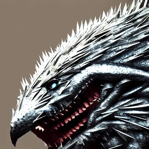 Prompt: evil spiky silver bubble screaming eagle kaiju, cinematic, epic scale, hyper detailed, photorealistic, rule of thirds, 8 k.