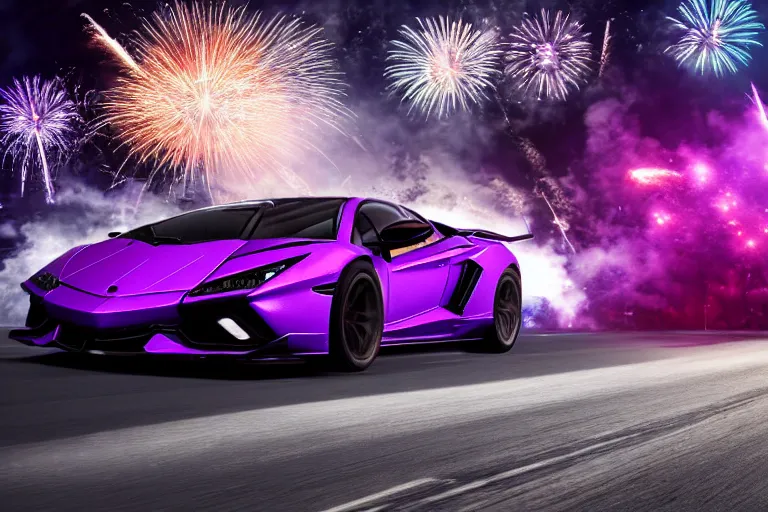 Prompt: hyper detailed purple lamborghini transformer, racing down a cyberpunk city street background, explosion background, fireworks 8 k photograph, dramatic lighting,