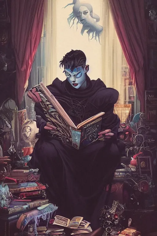 Prompt: goth guy reading a book in a cluttered messy 9 0 s bedroom, artgerm, tom bagshaw, gerald brom, vaporwave, vaporwave colors, 9 0 s, 9 0 s aesthetic, perfect face, detailed face, symmetrical face,