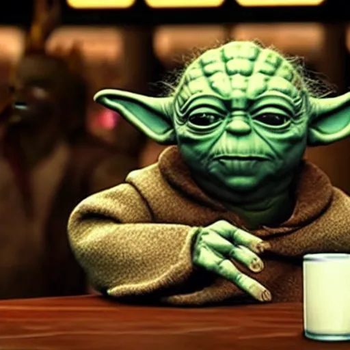 Prompt: film still of yoda drinking beer in a bar in the new star wars movie 4 k