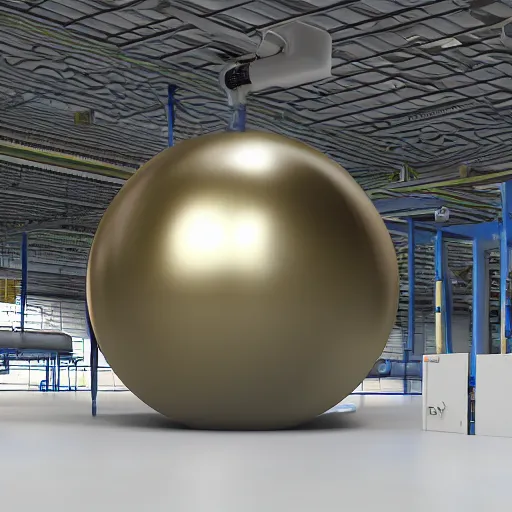 Prompt: big metallic capsule connected to pipelines, purpose is pump, standing in large industrial hall, designed by best engineers, raytracing, reflections