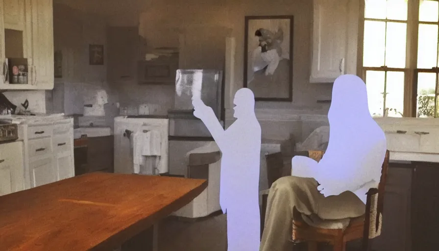 Prompt: Color Photo of The Ghost of Abraham Lincoln sitting in my suburban kitchen, 2022, instagram