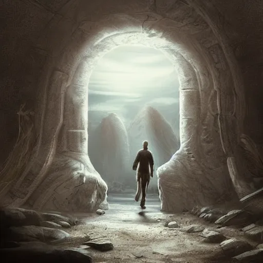 Image similar to a man walking into the portal, concept art, illustration, highly detailed, artwork, cinematic, hyper realistic, art station