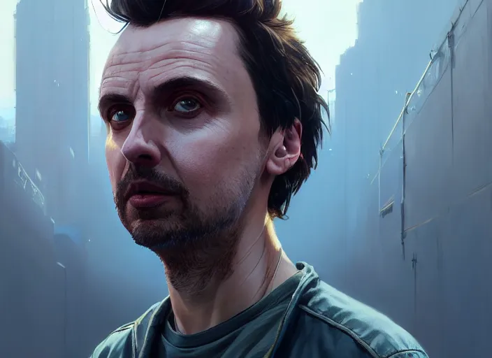 Image similar to highly detailed portrait of matthew bellamy, in gta v, stephen bliss, unreal engine, fantasy art by greg rutkowski, loish, rhads, ferdinand knab, makoto shinkai and lois van baarle, ilya kuvshinov, rossdraws, tom bagshaw, global illumination, radiant light, detailed and intricate environment