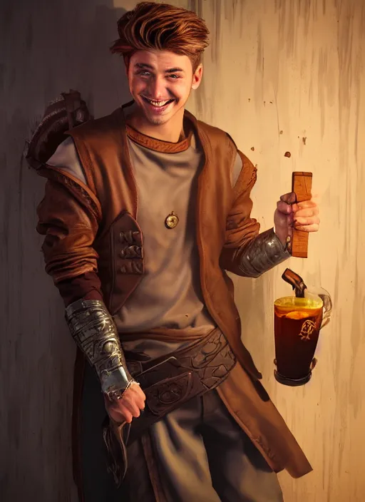 Image similar to An epic fantasy comic book style portrait painting of a handsome young man with brown wavey hair, wearing thief clothing in a tavern and smiling with a wooden tankard in hand, unreal 5, DAZ, hyperrealistic, octane render, cosplay, RPG portrait, dynamic lighting