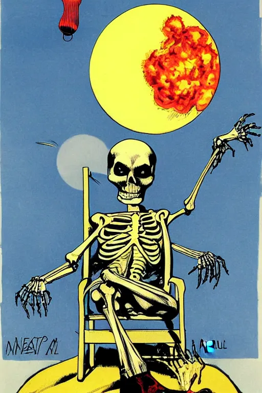 Image similar to Poster art of a Skeleton sitting in a chair sunbathing, with a nuke exploding in the background by Neal Adams