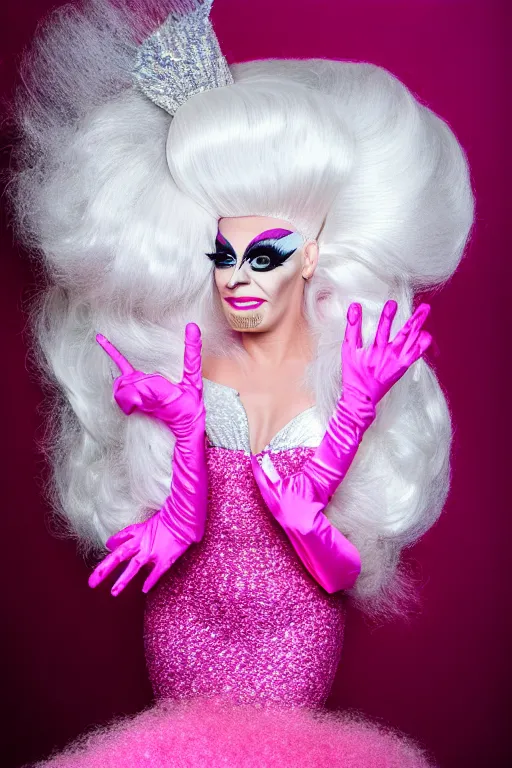 Image similar to 4k detailed portrait of a drag queen (man in drag) wearing: heavy drag makeup, pink glitter mermaid gown, white satin gloves, huge pink wig with bouffant hairdo and decorated with a hairbow, pink 7 inch high heels