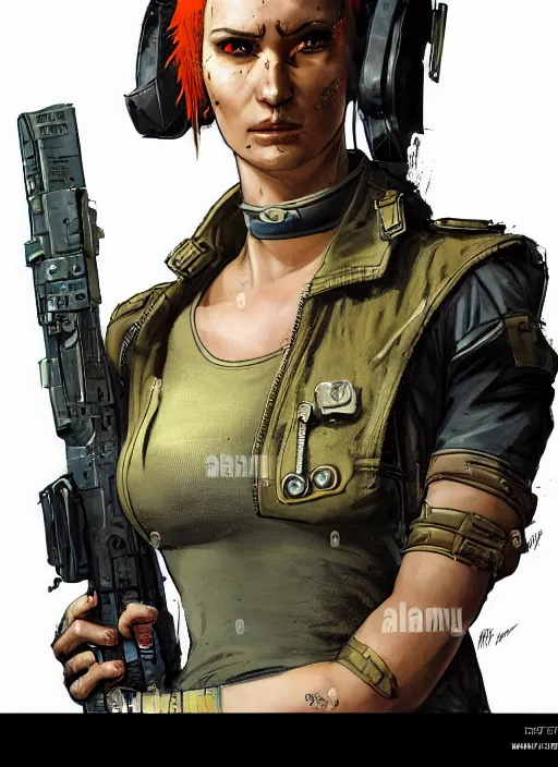 Image similar to cyberpunk mercenary in military vest and jumpsuit. portrait by stonehouse and mœbius and will eisner and gil elvgren and pixar. realistic proportions. cyberpunk 2 0 7 7, apex, blade runner 2 0 4 9 concept art. cel shading. attractive face. thick lines.