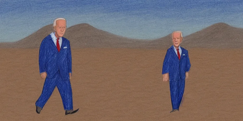 Image similar to drawing of Joe Biden , dressed in an alien costume , walking in the desert