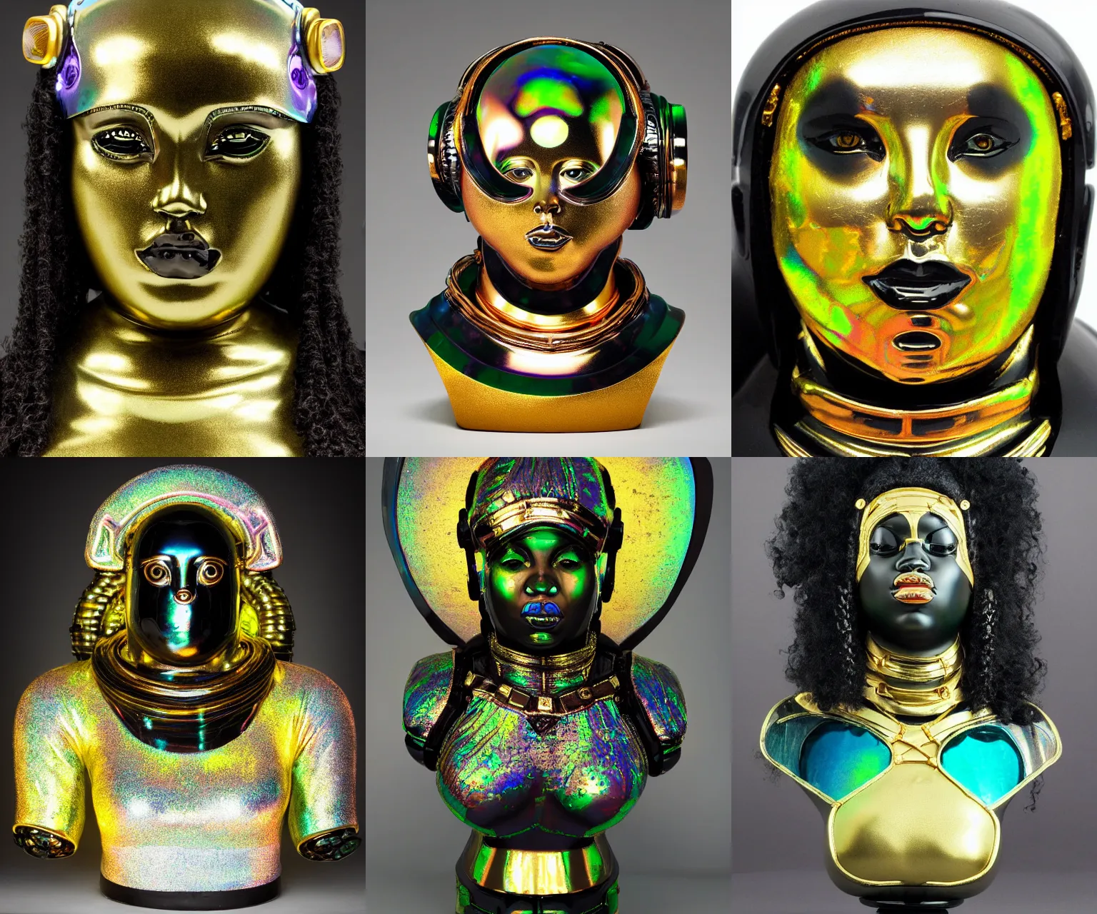Prompt: intricate slightly iridescent and tanslucent realistic bust of futuristic obese fierce beautiful cybernetic astronaut black girl empress, glass and gold and jade, caustics, soft light