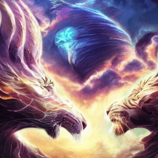 Image similar to the ancient world, hyper complexity, highly detailed, cinematic lighting, pastel colored sunrise, flying robotic tiger with gold metal huge wings on its back in the cloudy sky, sharp outlines, complete whole lion body, another sleeping tiger face in the clouds watching each other, hyperrealistic, trending on pixiv fanbox, love death robot,