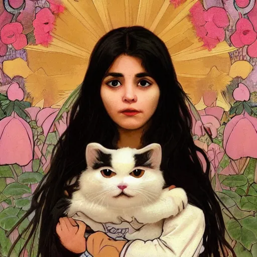 Image similar to cute emo peruvian woman, with long dark hair, thick eyebrows!!! dark eyes and dark circles!, wide nose!!!, big eyes, oval face shape, big cheeks!, she is holding a cat in her arms, by juan villafuerte, greg rutkowski and alphonse mucha, pexels contest winner, high quality photo, hd rtx