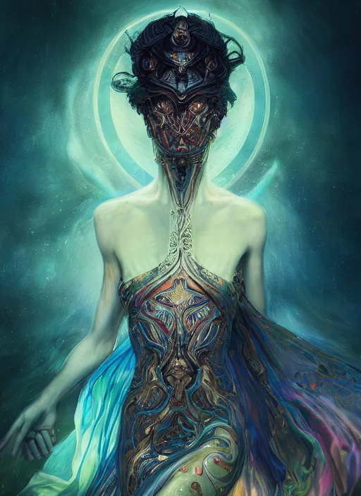 Image similar to epic portrait of menacing and proud yet stunningly beautiful biomechanical djinn overseeing the iridescent fabric of the universe, by charlie bowater, mandy jurgens, gustav klimt, octane render, dramatic camera angle, 4k, 8k, high detail, HDR, by tom bagshaw, powerful, with inspiration from Beksinski, inspired by greek goddess Athena