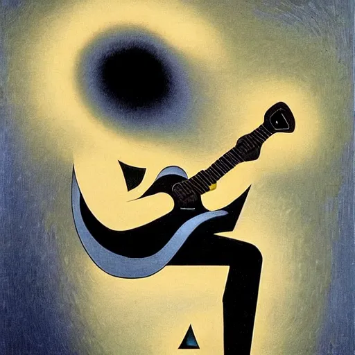 Prompt: a guitarist playing a guitar so intensely there is electricity shooting out from the fretboard, cosmic bliss, magritte, escher, rebrandt, van gogh, baptiste, vonciolenali