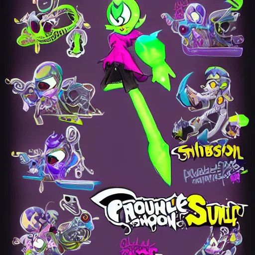 Prompt: character design sheets for a new vampire squid character, artwork in the style of splatoon from nintendo, art by tim schafer from double fine studios, black light, neon, spray paint, punk outfit, tall thin toothpick like frame adult character, fully clothed, gothic, colorful, sparkles and glitter