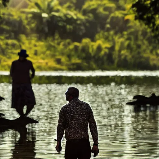 Image similar to man's face with clocks covering his eyes walking near lake with crocodiles, high detail, soft lighting, intricate, 8 k