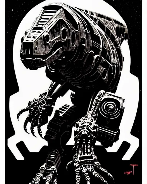 Image similar to a fierce mech cyborg t - rex dinosaur, transformer, high details, symmetry, bold line art, by vincent di fate and joe fenton, inking, etching, screen print, masterpiece, trending on artstation, sharp, high contrast, hyper - detailed,, hd, 4 k, 8 k