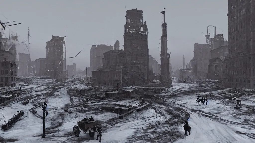 Prompt: It is a time of unrest in 1920's Europa. The ashes from the first great war still darken the snow. The capitalistic city-state known simply as 'The Factory', which fueled the war with heavily armored mechs, has closed its doors, drawing the attention of several nearby countries. octane render, 8k