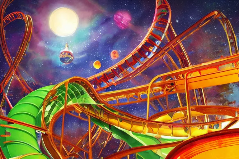 Prompt: planet with giant rollercoaster around, in space, colorful lights, botanic, by magic the gathering