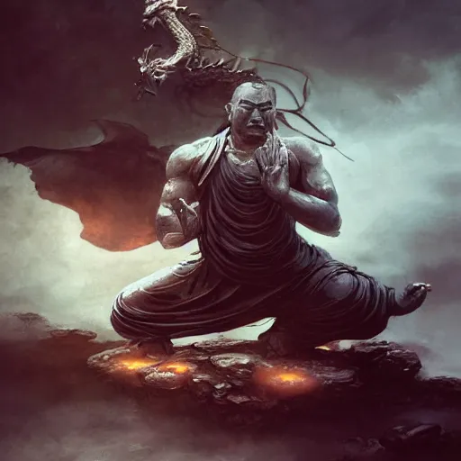 Image similar to a Buddha made of stone fighting a dragon, action painting, dramatic lighting, illustration by Greg rutkowski, yoji shinkawa, 4k, digital art, concept art, trending on artstation